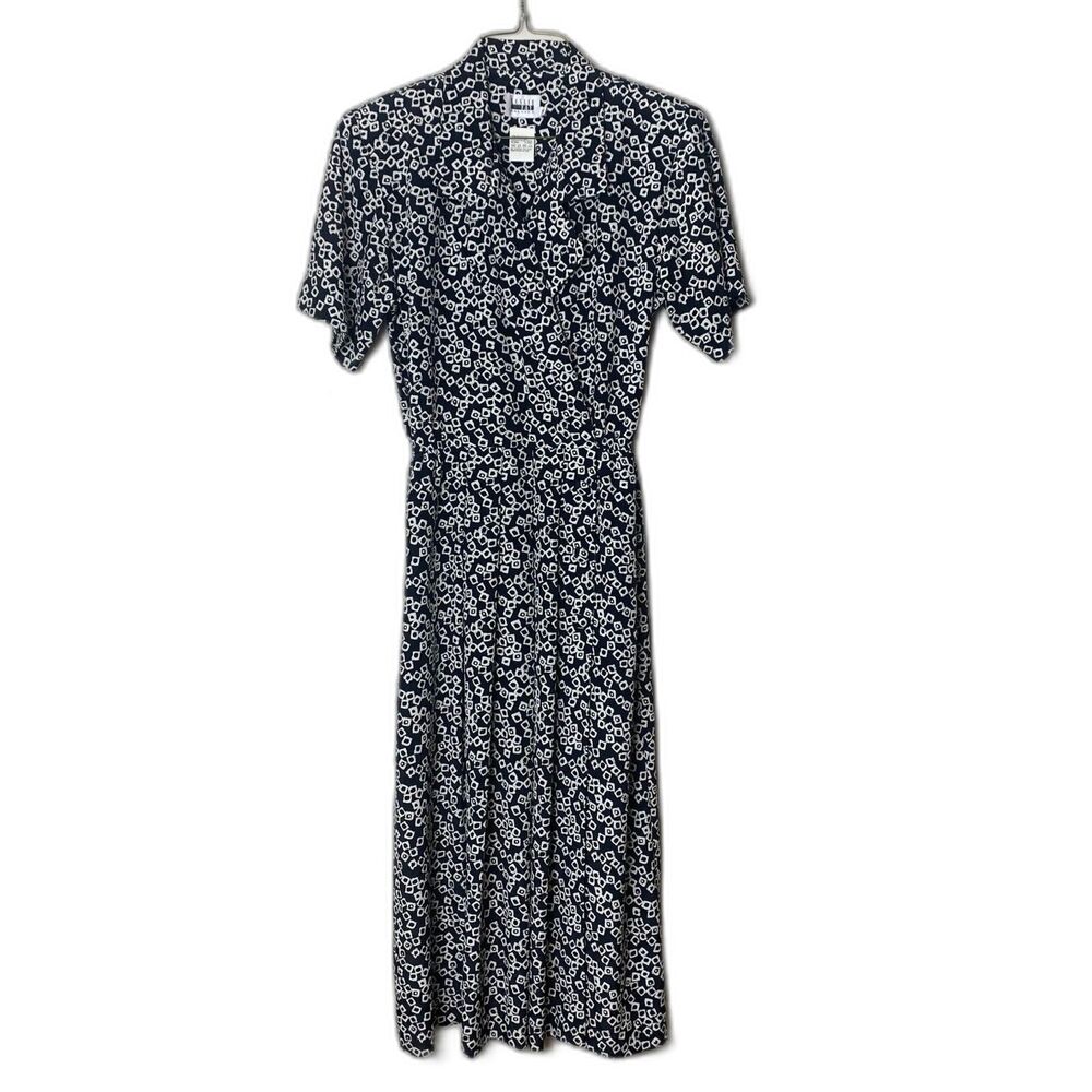 Leslie Fay‎ VTG 80s 90s black white abstract geometric belted midi dress Size 10